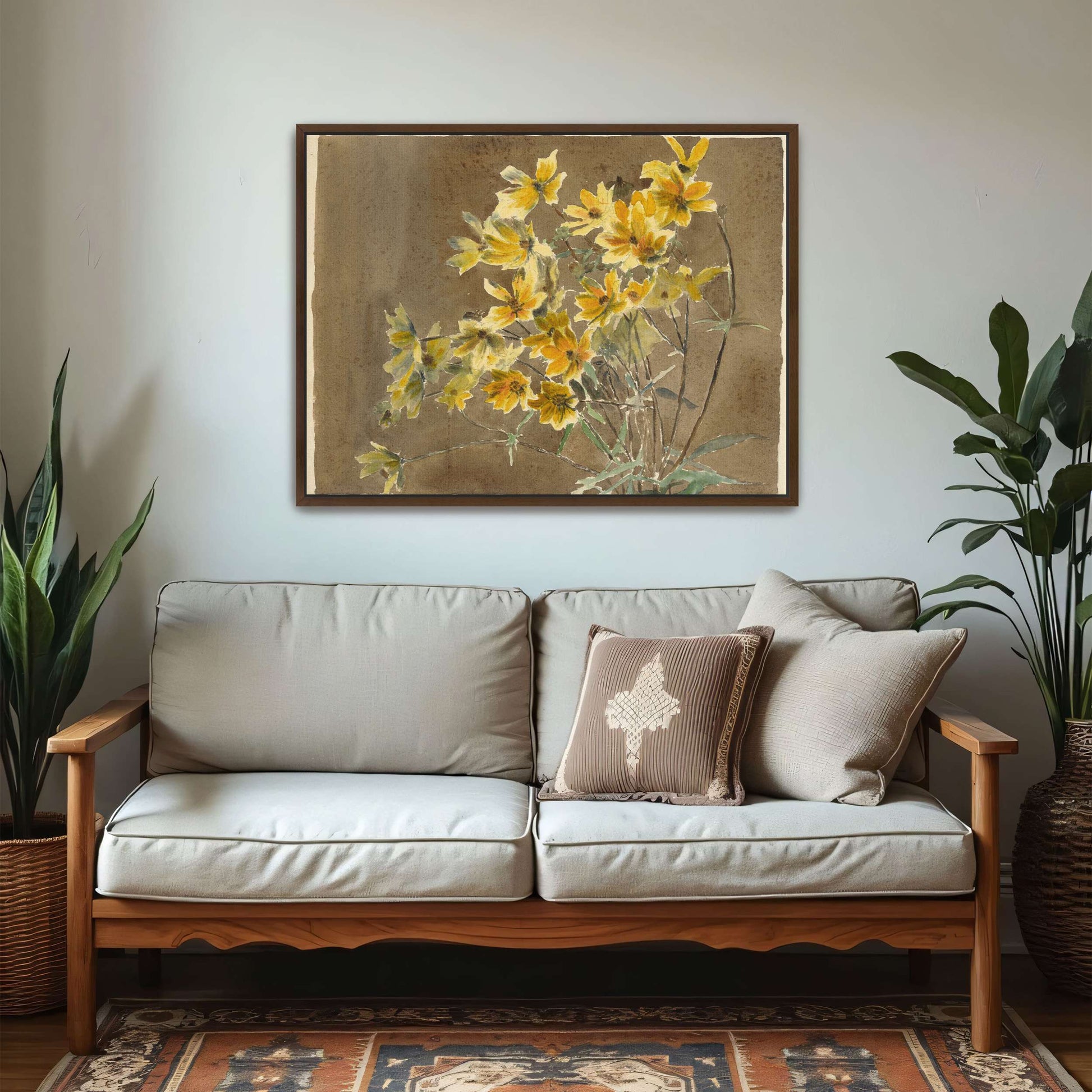 Yellow flowers on brown background by Hannah Borger Overbeck