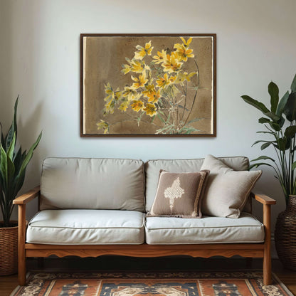 Yellow flowers on brown background by Hannah Borger Overbeck