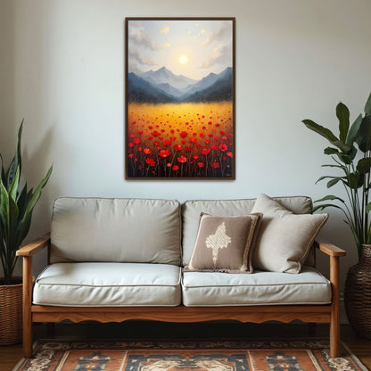 Golden Field Of Red Flowers Under A Mountain Range By Yara Rabibzad