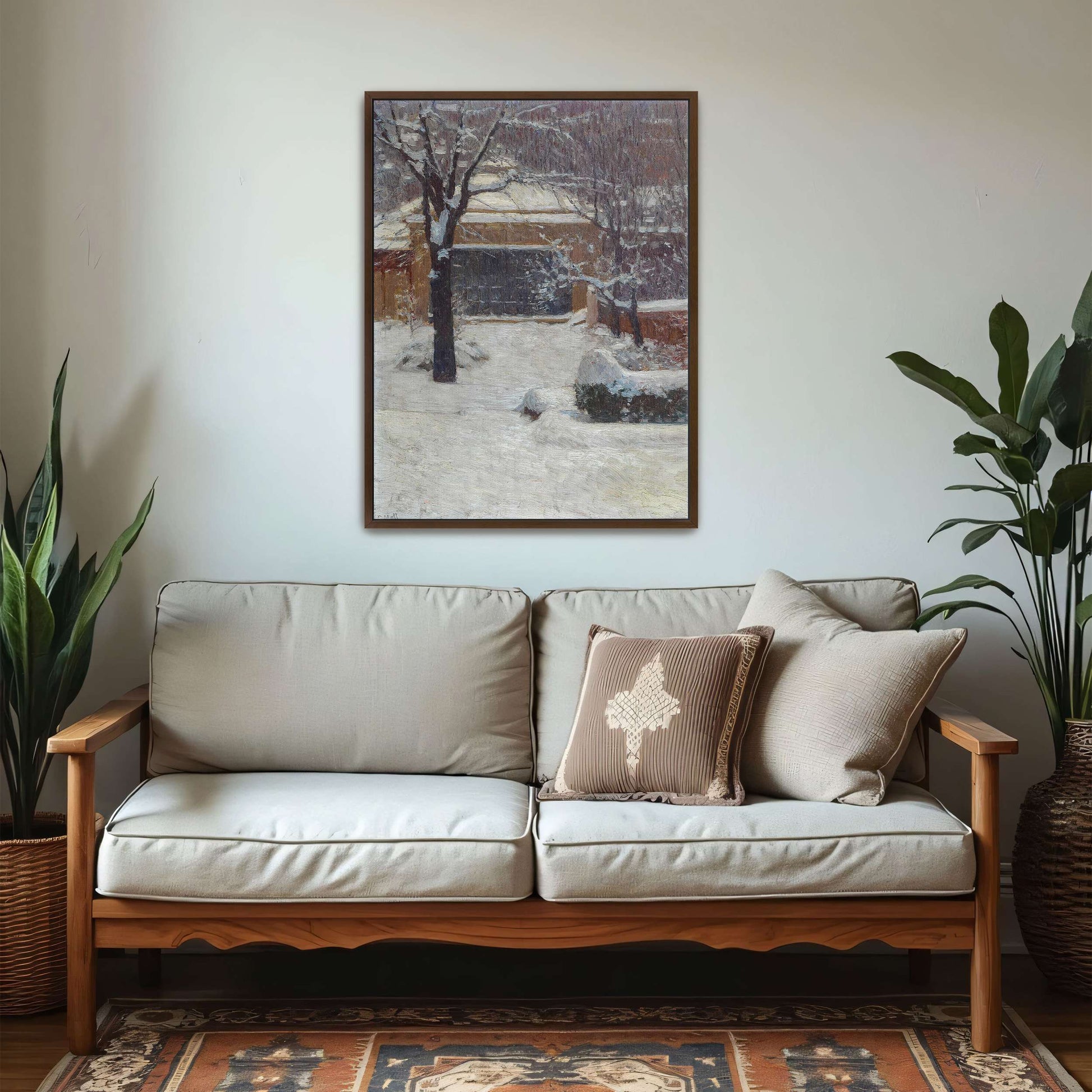 Snowy garden scene with building by Carl Moll