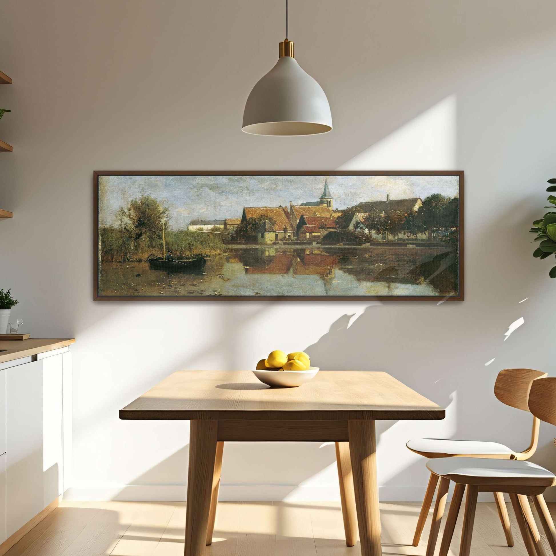 A village by a lake with a boat by Eugen Jettel