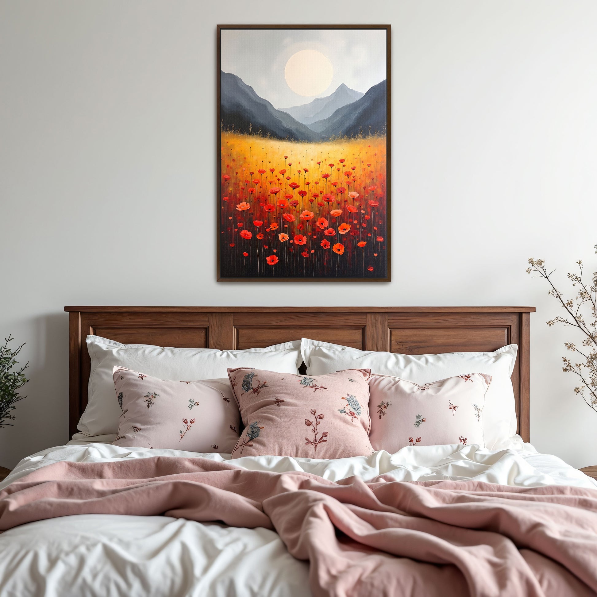 Poppies In A Field With Mountains And Moon By Yara Rabibzad