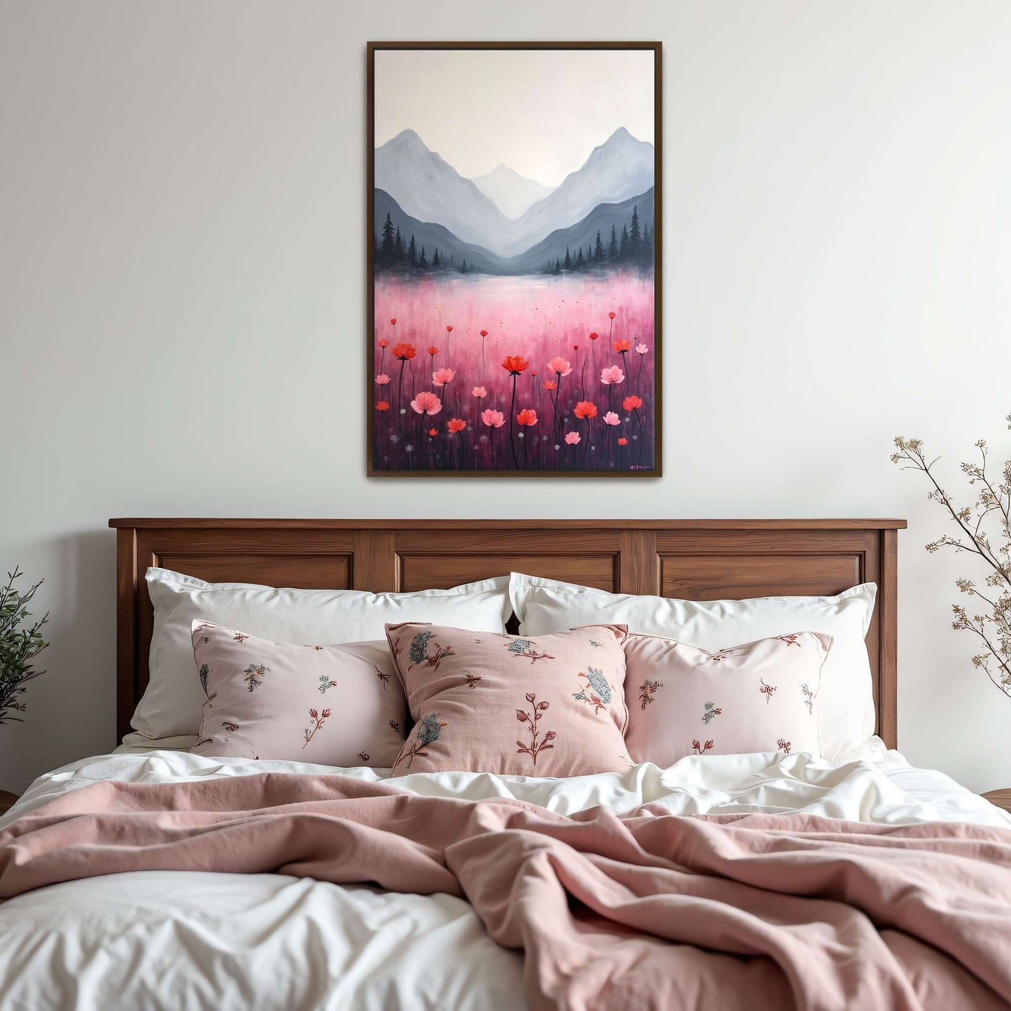 Mountain Landscape With Pink Flowers By Yara Rabibzad
