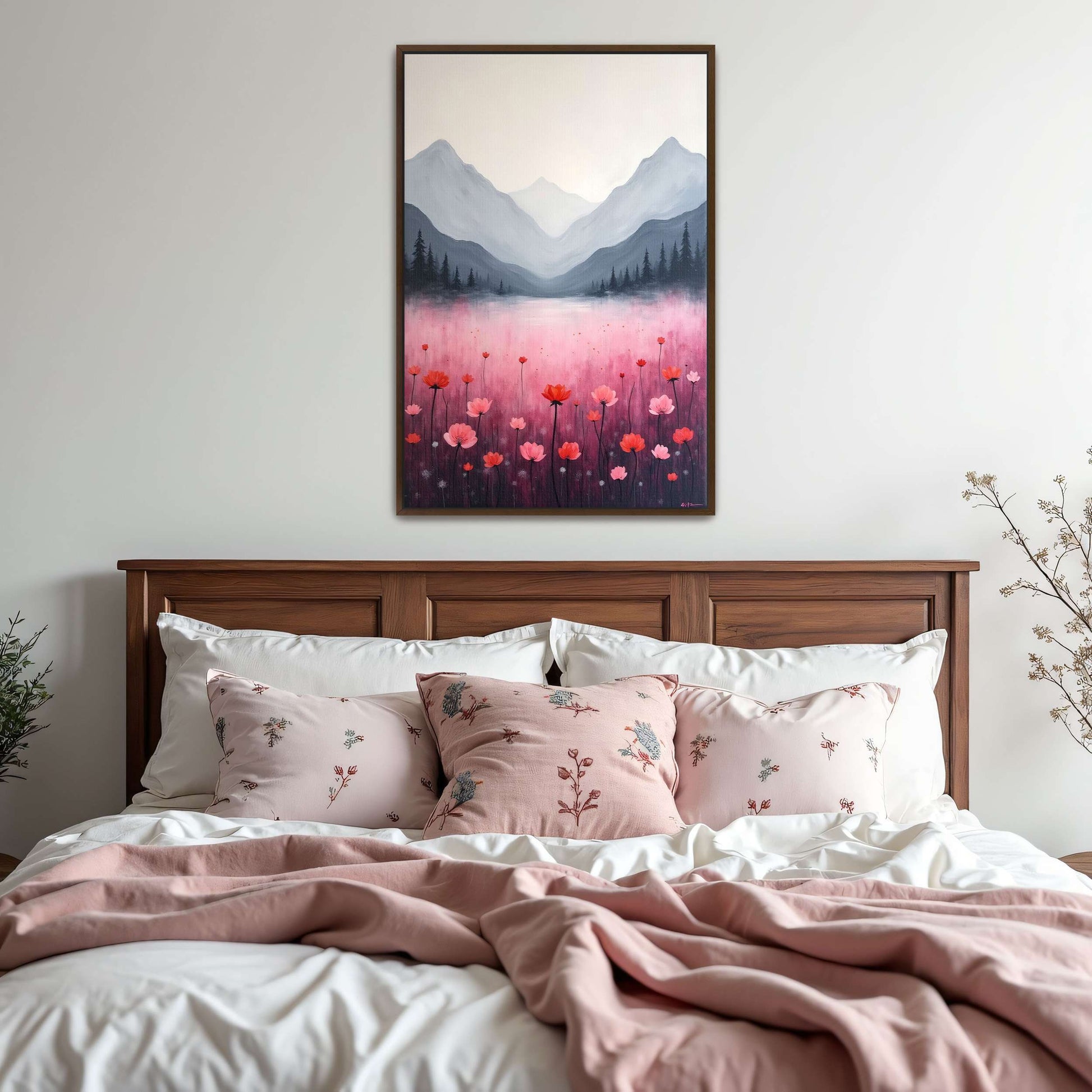 Mountain Landscape With Pink Flowers By Yara Rabibzad