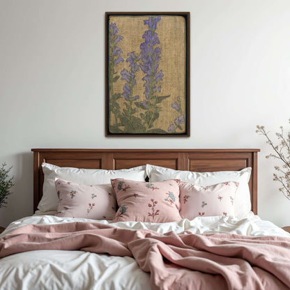 Purple flowers on beige background by Hannah Borger Overbeck