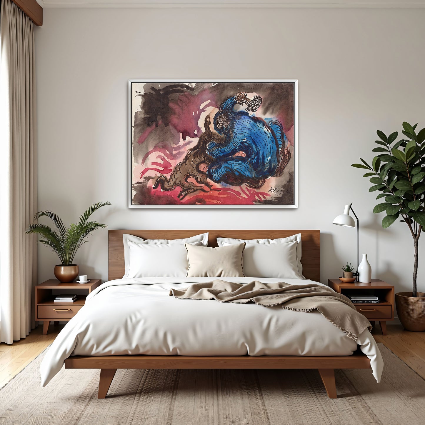 Blue Figure Wrestling With A Dark Creature In A Red And Brown Landscape By Wilhelm Morgner