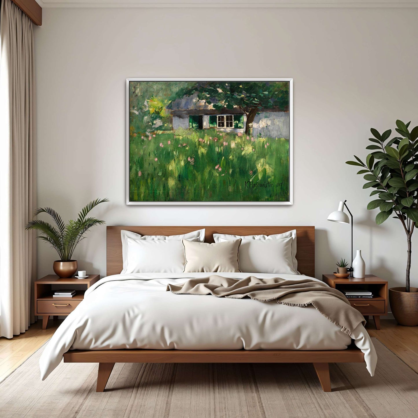 Countryside Cottage With Green Grass And Pink Flowers By Karl Hagemeister