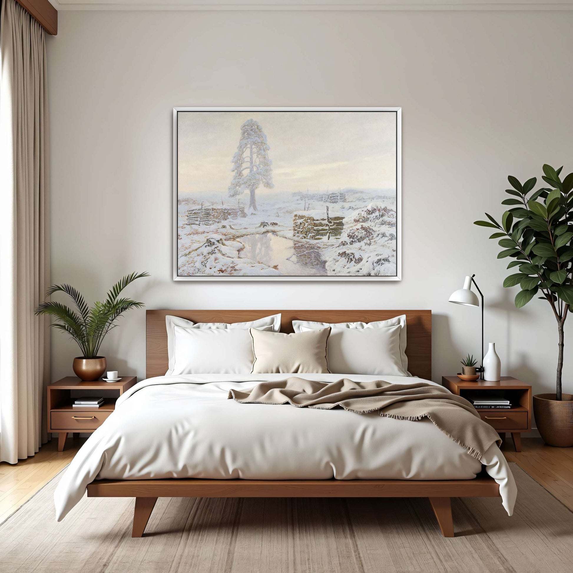 Snowy winter landscape with lone tree by Józef Rapacki
