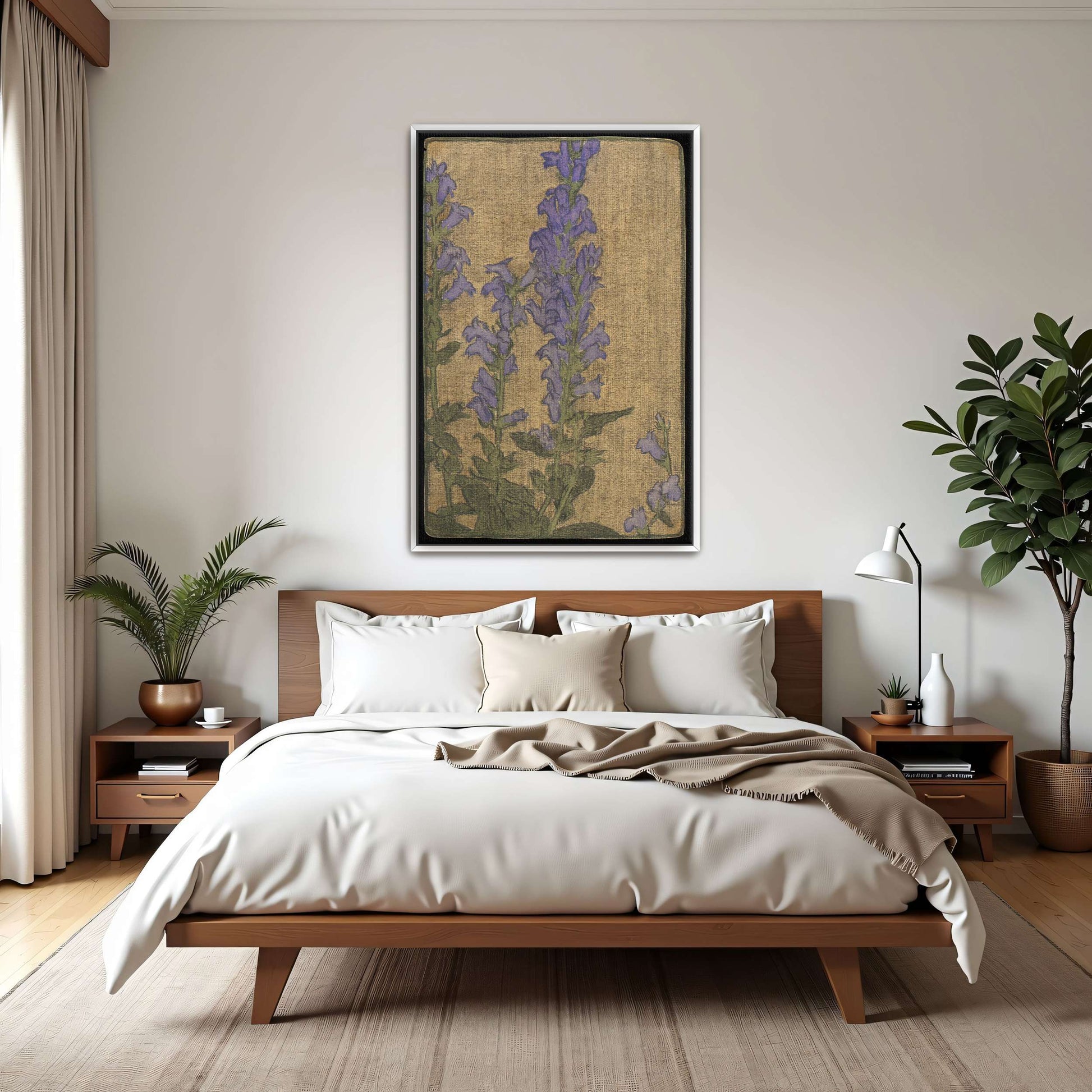 Purple flowers on beige background by Hannah Borger Overbeck