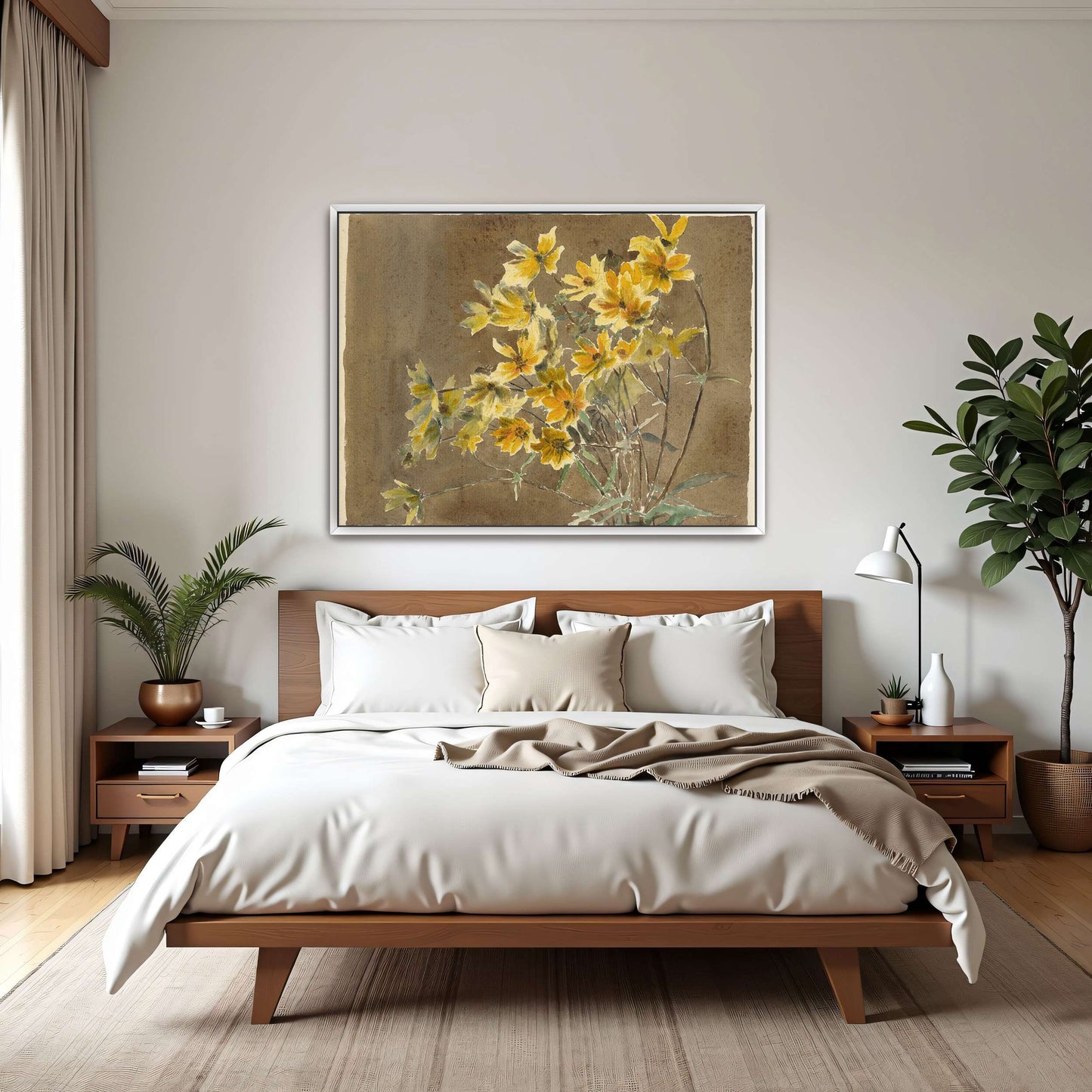 Yellow flowers on brown background by Hannah Borger Overbeck