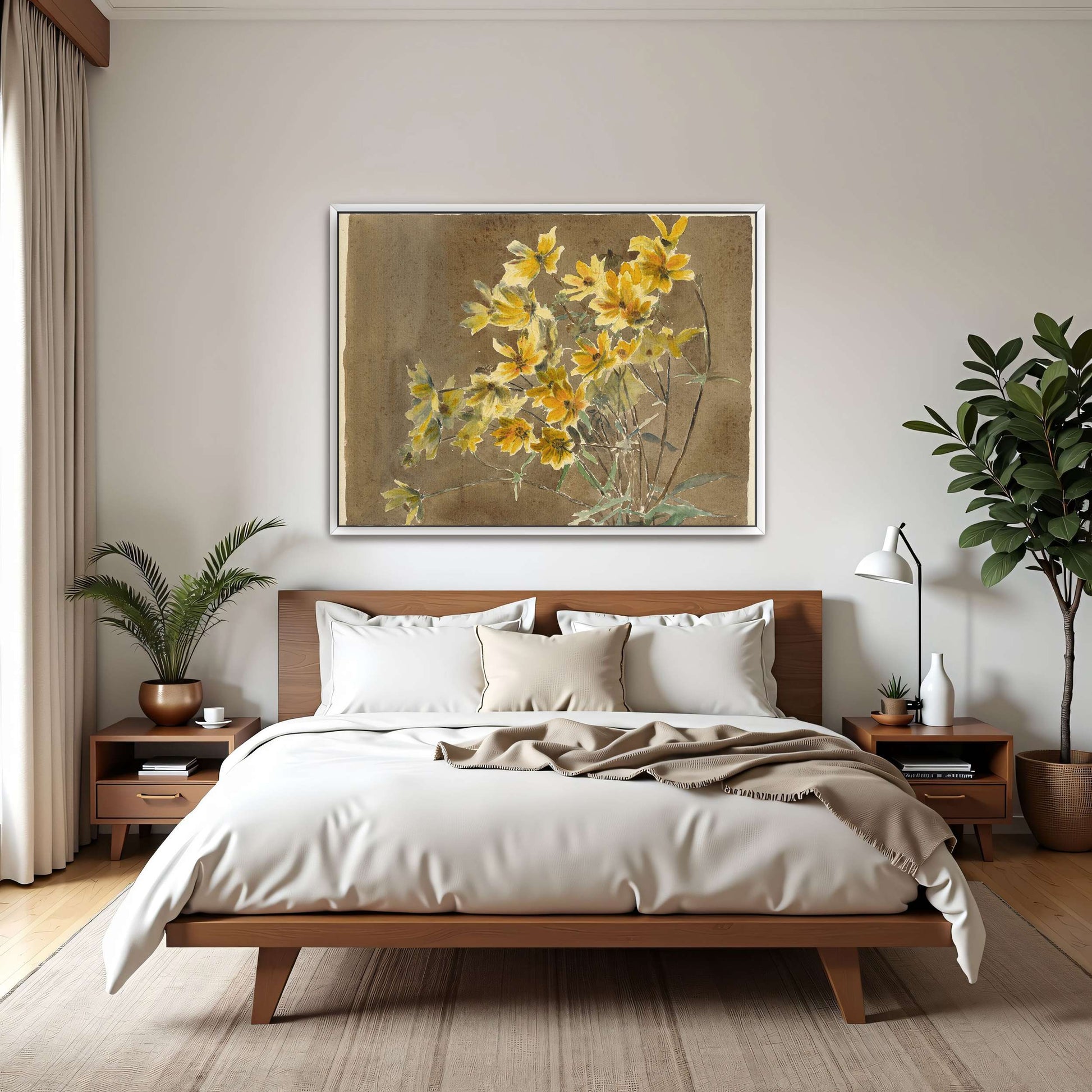 Yellow flowers on brown background by Hannah Borger Overbeck