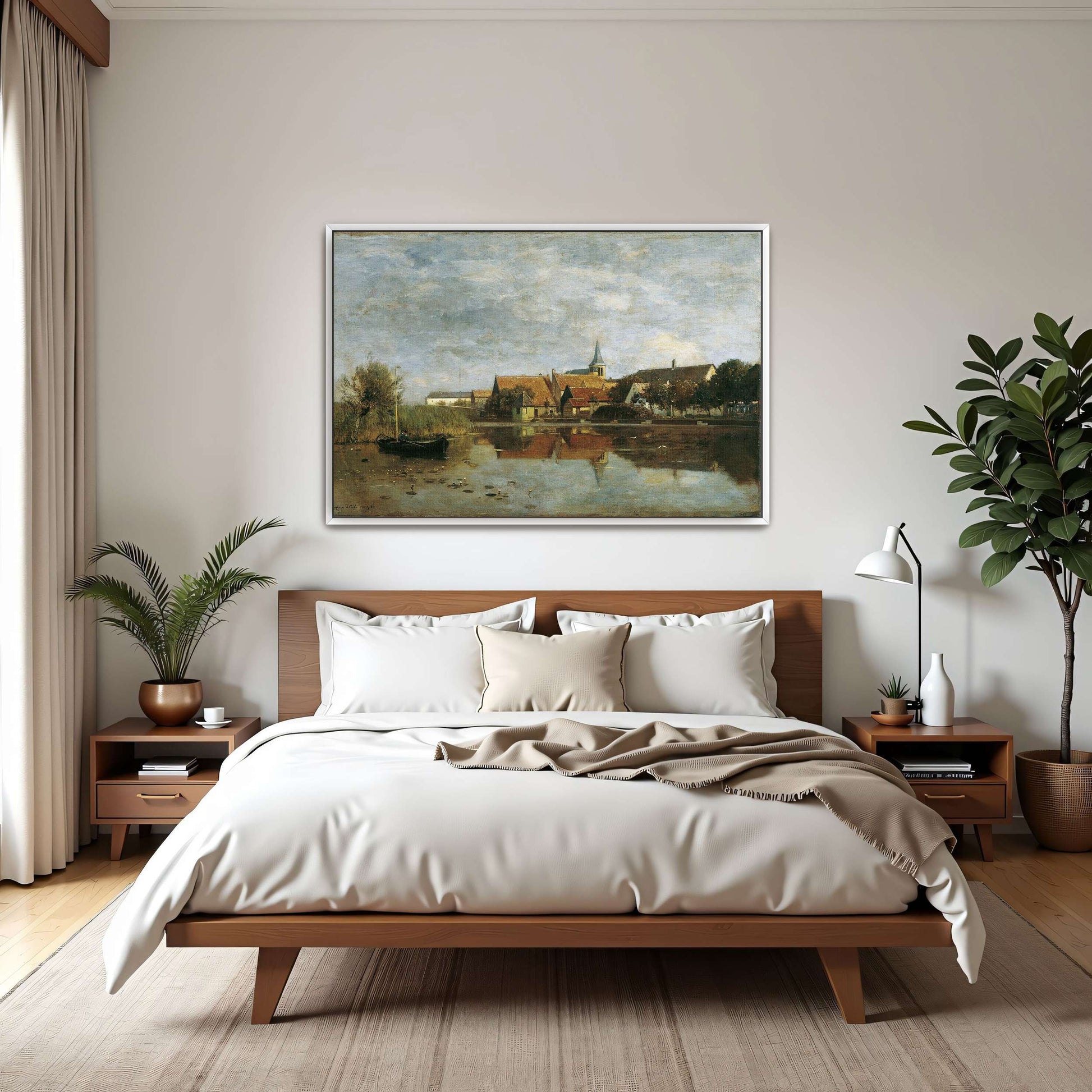 A village by a lake with a boat by Eugen Jettel