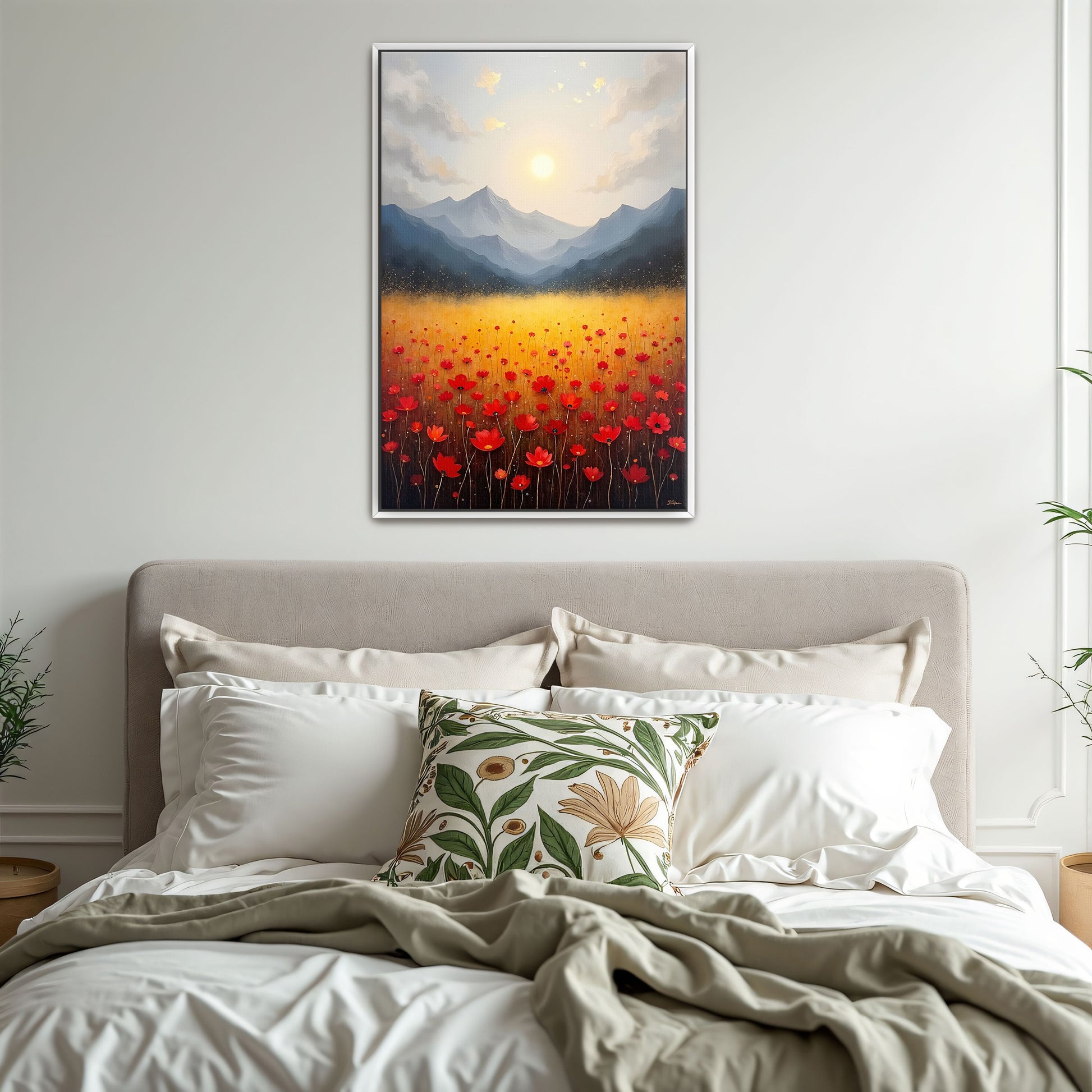 Golden Field Of Red Flowers Under A Mountain Range By Yara Rabibzad