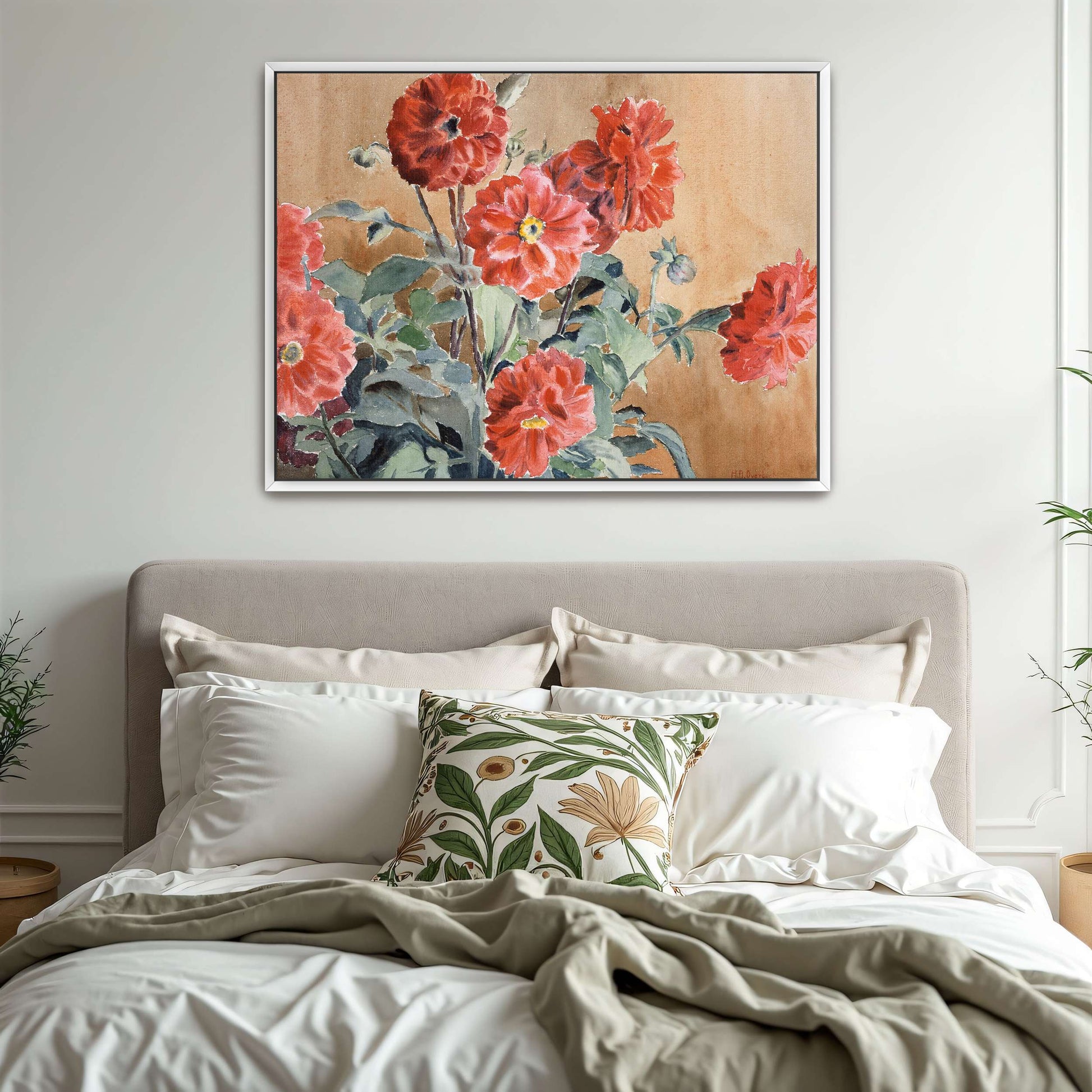 Red dahlias in a vase by Hannah Borger Overbeck