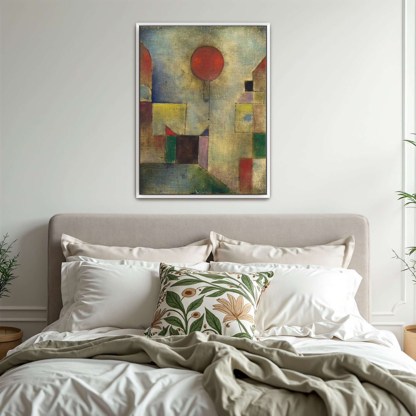 Red balloon floating above geometric shapes by Paul Klee