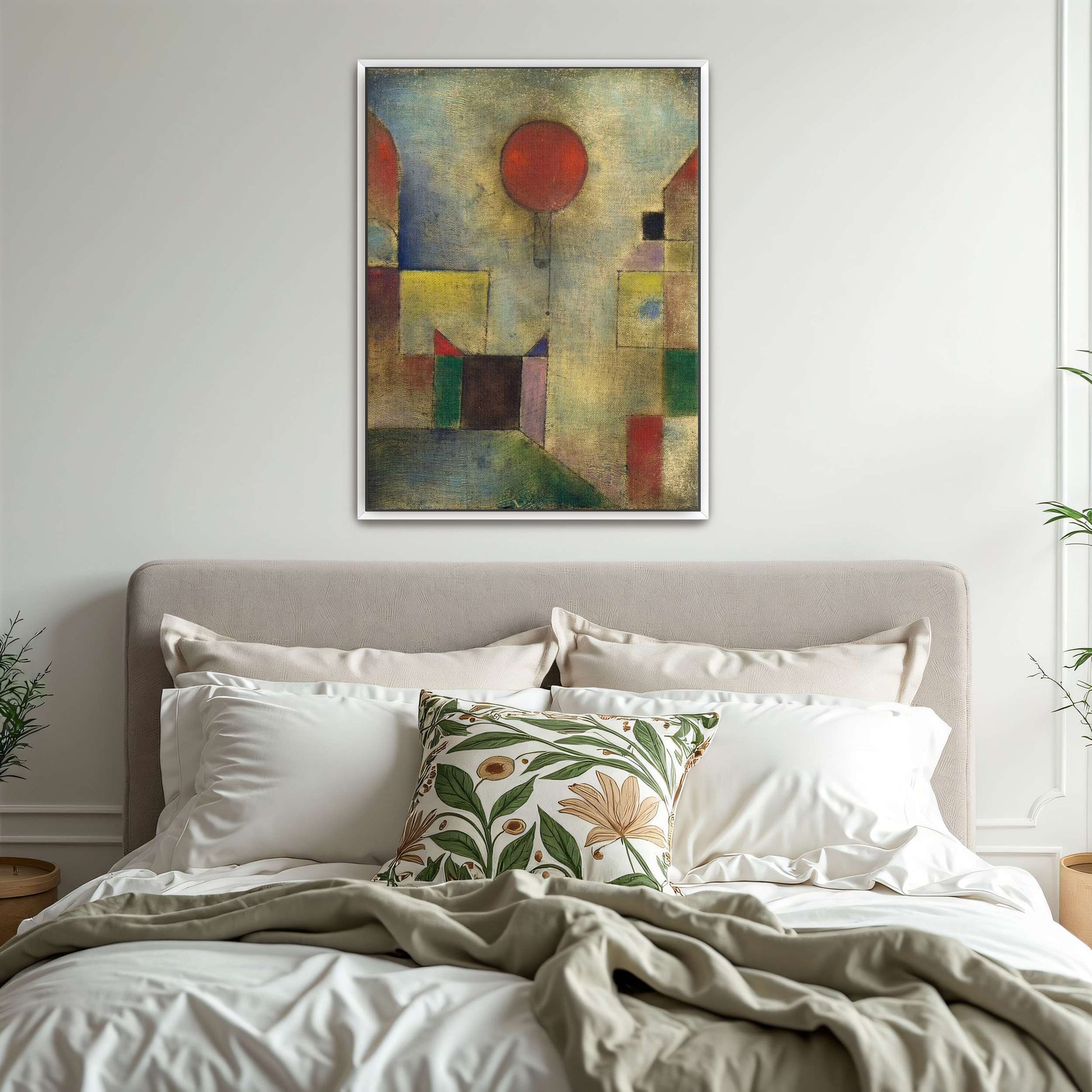 Red balloon floating above geometric shapes by Paul Klee