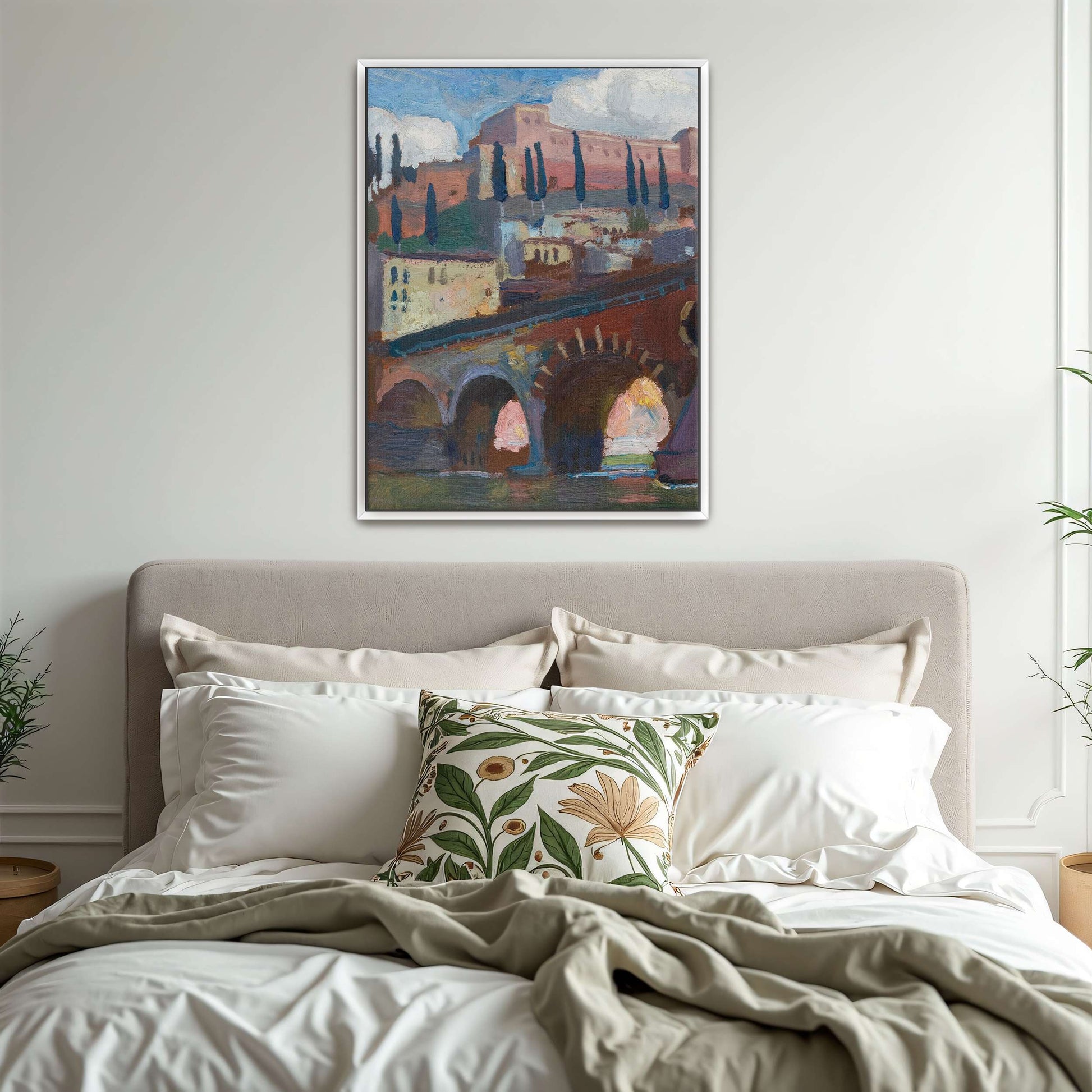 Cityscape with bridge and cypress trees by Jan Stanislawski