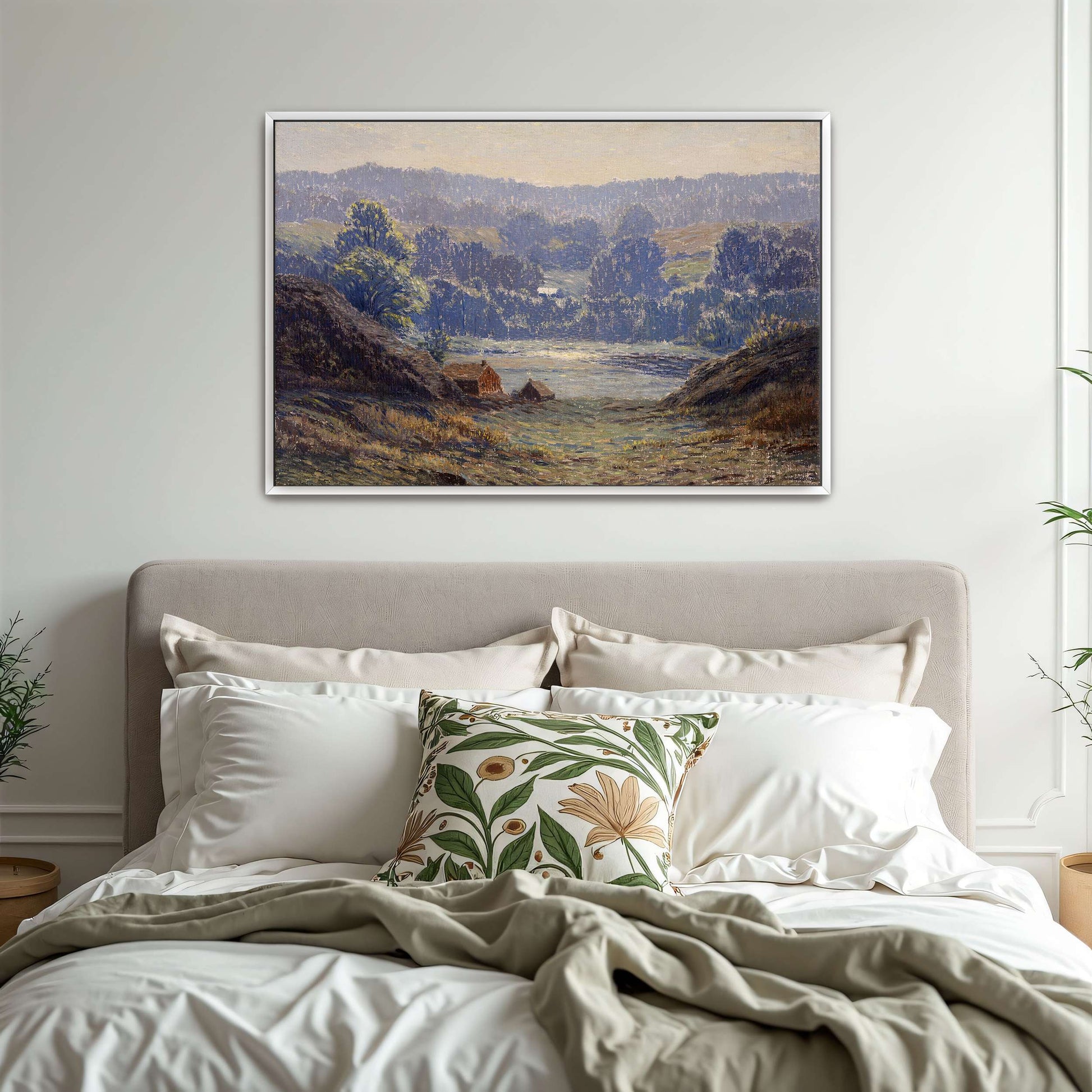 A landscape with a house in a valley by Leonard Ochtman