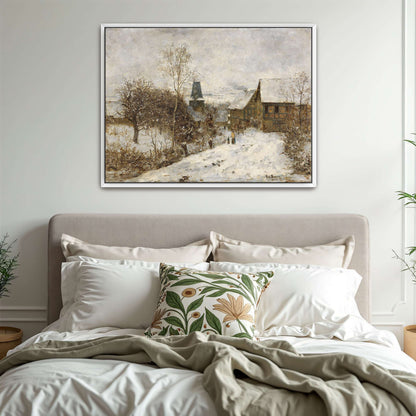 Snowy village scene with houses by Paul Baum