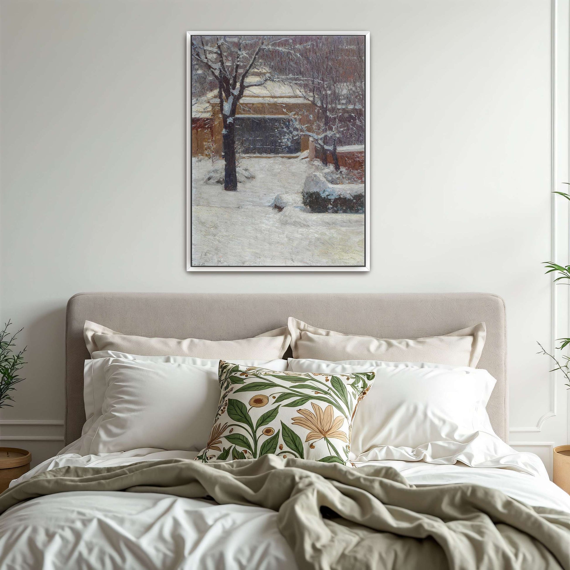 Snowy garden scene with building by Carl Moll