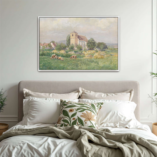 Church and cows in a field by Eugen Jettel