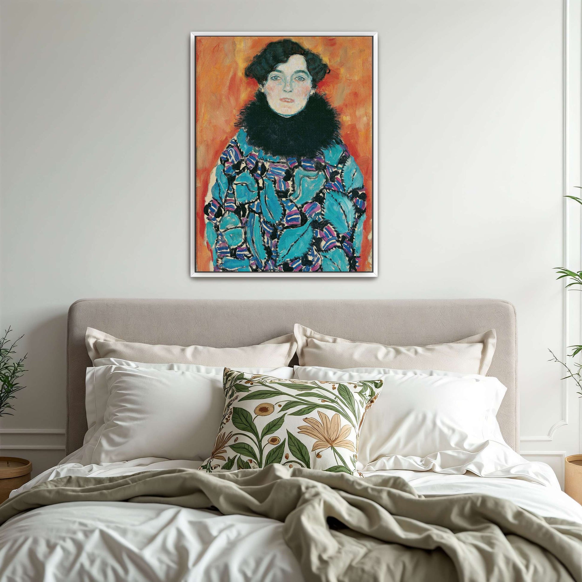 Portrait of a woman in a patterned dress by Gustav Klimt